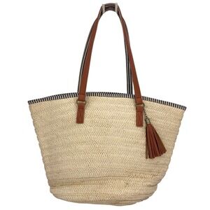 Beige Straw Tote Bag Tassel Woven Raffia Style Coastal Beach